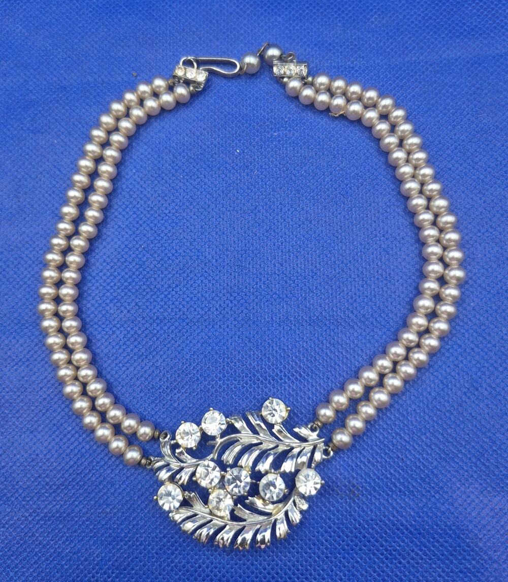Vintage Mid-Century Double Strand Faux Pearl Rhinestone Necklace 12" Long